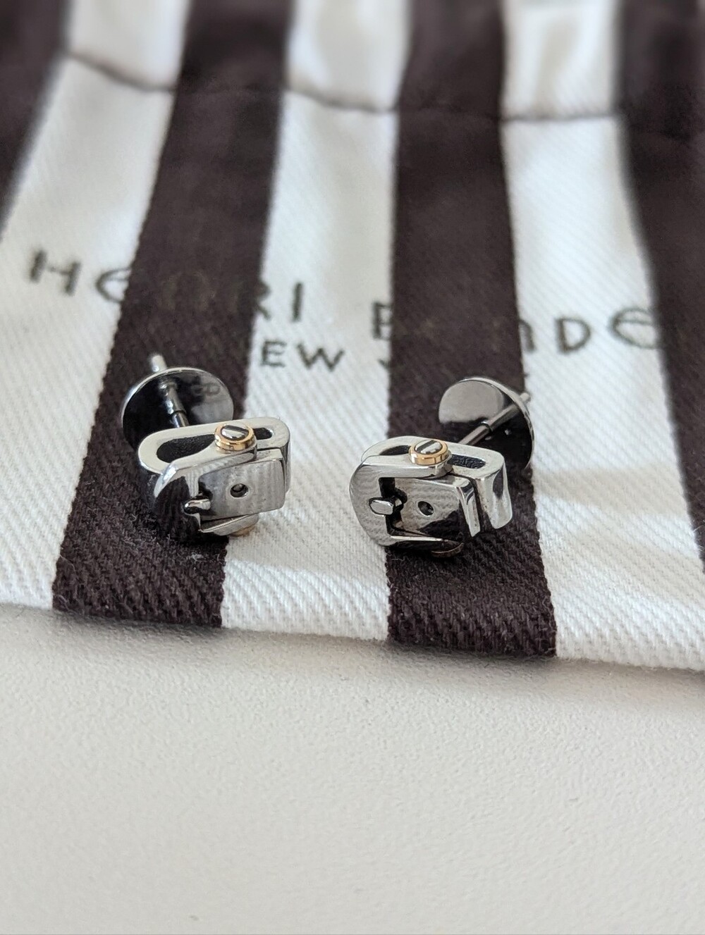 NWOT henri bendel Two-tone Silver and Gold Belt Buckle Stud Earrings